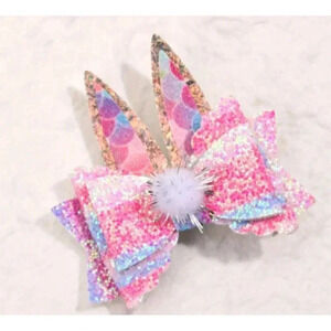 Cute Little Girls Cute Easter Bow Ear Hair Clip, Rainbow New